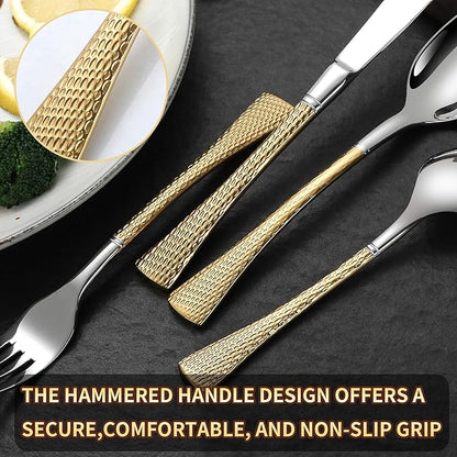 Lemeya Hammered Silver Gold Silverware Set,20 Piece Modern Flatware Set Service for 4,Mirror Polished Stainless Steel Cutlery Set Utensil Set Tableware,Kitchen Knives Forks Spoons Set,Dishwasher Safe