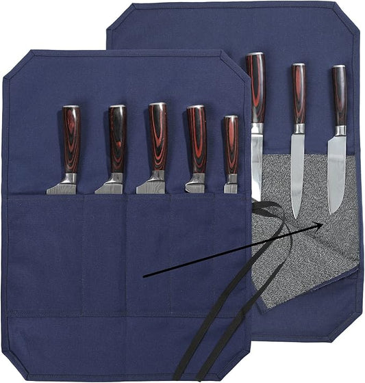 Chef's Knife Bag With 5 Slots, Wax Canvas Knife roll with Professional Anti Cutting Fabric Inside (Blue)