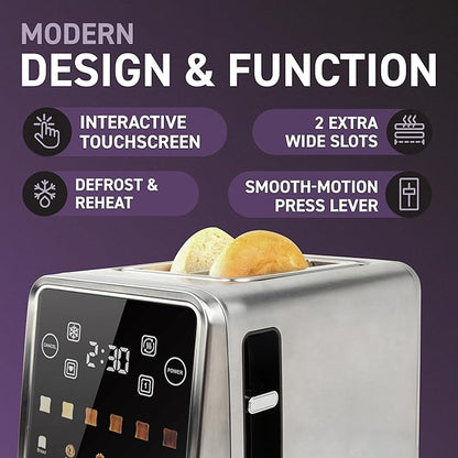 Inspirex Touch Screen Toaster - 2 Slice Extra-Wide Slots - 5 Bread Type and 6 Browning Levels - Defrost, Reheat, Favorite, Single Slot Settings - Stainless Steel