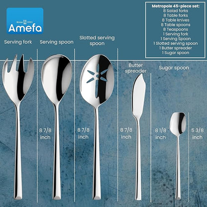 Amefa 45-Piece Silverware Flatware Cutlery Set Service for 8, Durable 18/10 Stainless Steel High Gloss Mirror Finish, tableware in Ergonomic Design Size and Weight, Dishwasher Safe (Metropole)