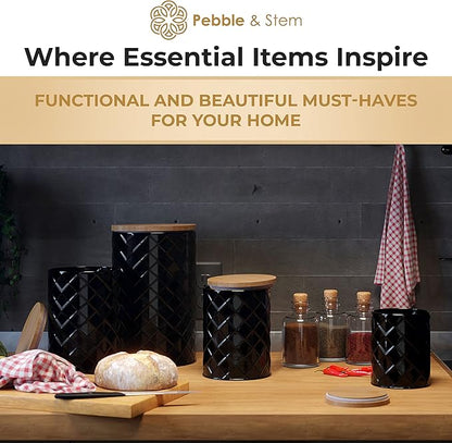 Pebble & Stem® Black Metal Canister Set for the Kitchen Counter, Food Canister Set of 4, Airtight Lids, Sugar and Flour Containers for Countertops, Coffee and Tea Storage, Farmhouse Decor