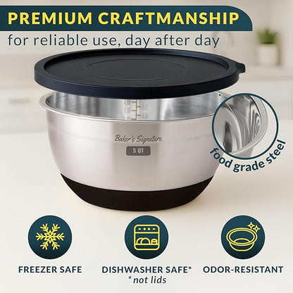 Baker's Signature Stainless Steel Mixing Bowls with Lids Set, 5 Sizes, 3 Graters, Non-Slip Base, Airtight Lids, Metal Mixing Bowls for Kitchen, Food Prep, Storage, 0.63QT-5QT, Black