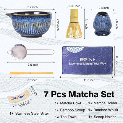 7pcs Matcha Whisk Set with 18oz Spout Bowl, Japanese Tea Ceremony Kit, Natural Bamboo Whisk Scoop, Ceramic Holder Sifter Towel, Best Gift for Beginners and Matcha Lovers