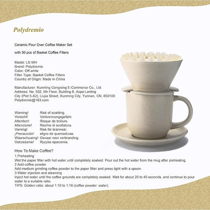 Pour Over Coffee Maker, with 50 PCS Basket Coffee Filters, 310 ml/10 oz Mug with Saucer & Coffee Dripper, Ceramic, Off-white