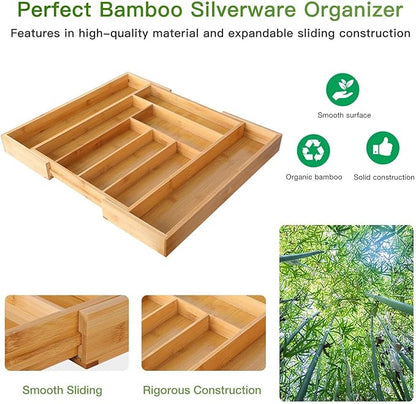 Pipishell Bamboo Silverware Organizer, Expandable Cutlery Tray, Utensil Drawer Organizer in Kitchen for Spoons Forks Knives, Multipurpose Use, Natural, Large