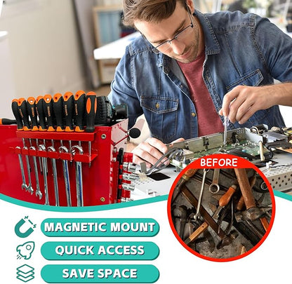 ULIBERMAGNET Magnetic Wrench Holder,Heavy Duty Red Magnetic Screwdriver Holder,Wrench Screwdriver Shear Organizer Rack Magnetic Mount Multiple Tools Rack for Garage,Tool Cart,Pegboards,Workbench