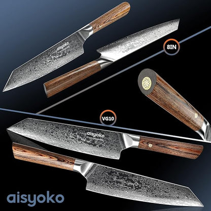 Chef Knife 8 Inch Damascus Japan VG-10 Super Stainless Steel Professional High Carbon Super Sharp Kitchen Cooking Knife, Ergonomic Color Wooden Handle Luxury Gift Box