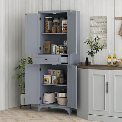 HOMCOM 67" Tall Freestanding Kitchen Pantry Cabinet, 4-Door Storage Cabinet with Drawer and Adjustable Shelves for Dining Room, Gray