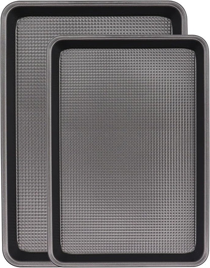 Cookie Sheets for Baking Nonstick, 2 Pack Heavy Duty 0.8mm Dark Gray Sheet Pan Set Quarter(9x13in) & Jelly Roll(10x15in), Diamond Textured Commercial Grade, Small Oven Safe