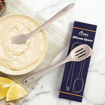 HOTEC Heat Resistant Silicone Cooking Spoon Spatula, Large Kitchen Solid and Slotted Spoons for Mixing, Serving, Scraping, Non-stick, Dishwasher Safe Khaki 12.5inch