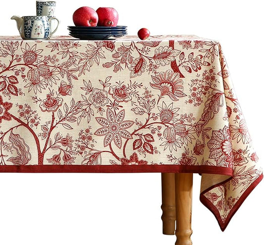 ISAENNE Designer French Linen Table Cloth for Rectangle Table,Red Floral Washable Indoor Tablecloth,Durable Home Decor Tablecloths for Dining Thanksgiving Kitchen Party Christmas,55"*79"-Ruyi A