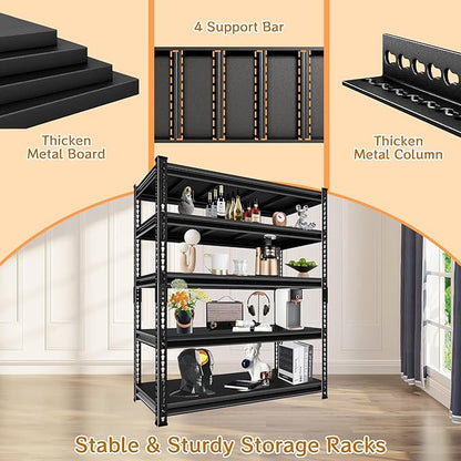 Adjustable Shelving Units and Storage, 48”W Garage Shelving Heavy Duty,2500LBS Loads 5-Tier Garage Storage Shelves, Metal Shelves for Living Room,Pantry,48”W×18”D×78”W,Black
