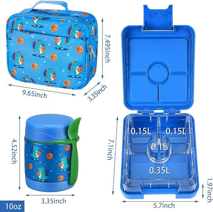 Bento Lunch Box Set for Kids with 10oz Soup Thermo, Leak-Proof Lunch Containers with 4 Compartment, Kids Thermo Hot Food Jar and Insulated Lunch Bag for Kid to School,BPA-Free(Basketball)