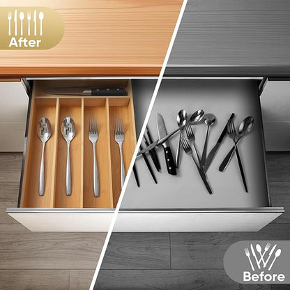 Silverware Organizer, 2 Pack 10 Inch Utensil Organizer Kitchen Drawer Organizer Bamboo Silverware Holder Cutlery Tray Organizer in Drawer Flatware Organizer Tray(5 slots, Natural）