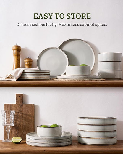 Famiware Annecy Plates and Bowls Sets, 12 Pieces Dinnerware Sets, Microwave and Dishwasher Safe Dishes Set for 4, Chip and Scratch Resistant, Grey-White