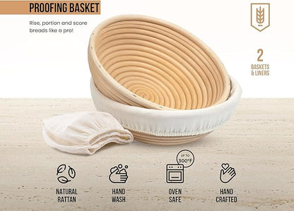 Banneton Bread Proofing Basket, Kook, Sourdough Proofing Bread Basket, Bread Banneton Proofing, Artisan Sourdough Making Baskets, 9 Inch Rattan Baskets and Cloth Liners, Set of 2, Round