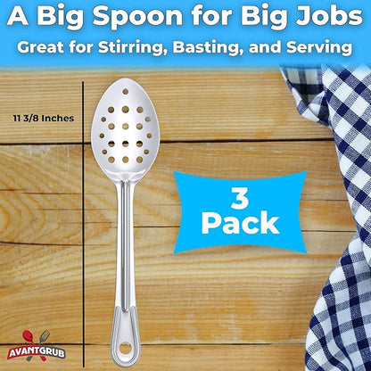 Super Strong, Ergonomic 11 in Serving Spoon 3 Pk. Big, Perforated Stainless Steel Spoons for Cooking, Baking and Basting. Best Kitchen Flatware for Buffet and Banquet Service in Restaurants and Homes