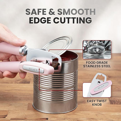 Zulay Kitchen Heavy Duty Stainless Steel Can Opener Manual with Bottle Opener - Rust Proof Manual Can Opener With Turn Knob & Comfy Soft Grip Handles - Light Pink