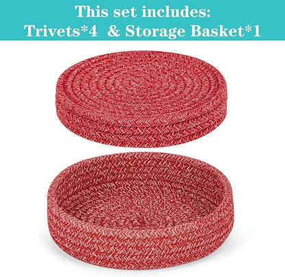 Trivets for Hot Dishes, Pots and Pans, Hot Pads with Storage Basket, Pot Holders for Kitchen, Heat Resistant Mat Protect Counter Home Essentials, Farmhouse Decor (Red 4 PCS)