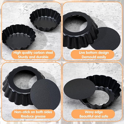 24 Pcs Mini Pie Tart Pans 3" with Removable Bottom Round Nonstick Quiche Pan Bakeware Egg Tart Molds Fluted Side Small Quiche Pans Steel Mini Pie Tins for Pies Mousse Cheese Cake Dessert