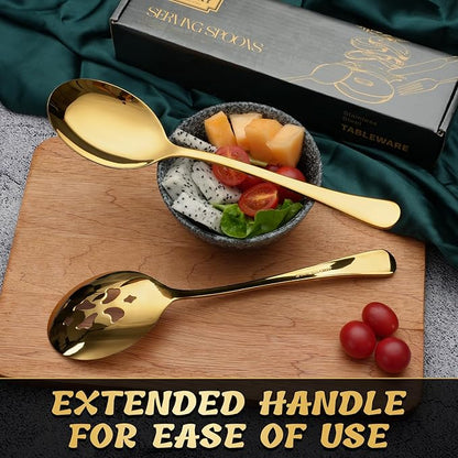 6 Piece Stainless Steel Serving Spoon Set - 3 Large, 3 Slotted,Dishwasher Safe,10-Inch,Gold, for Parties/Kitchen/Buffet/Catering