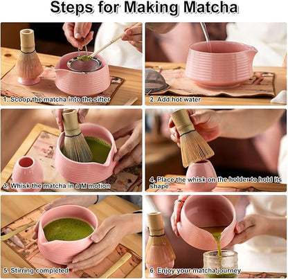 Matcha Whisk Set, 8Pcs Pink Matcha Kit Tea Set with Ceramic Bowl and Whisk Holder, Bamboo Scoop, Sifter, Perfect for Matcha Starter, Cute Matcha Powder Kit, Top Gifts for Women, Friends, Birthday