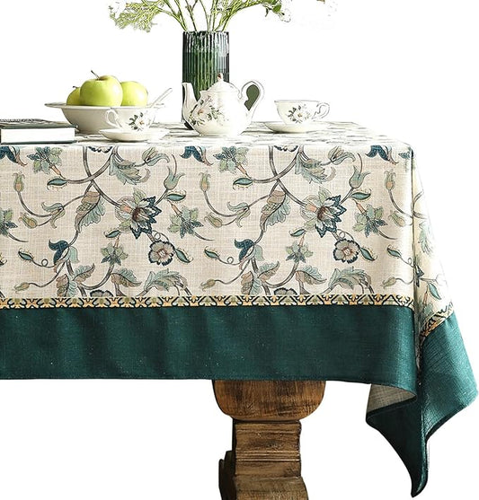 patdrea Designer Green Linen Extra Long Rectangle Tablecloth,Vintage Floral Pattern Breathable Table Cloth,Cover Decor for Kitchen Dining,Christmas,Thanksgiving,Holiday,Tea Party,63"x110"-Noah