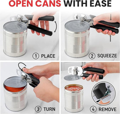Zulay Kitchen Heavy Duty Stainless Steel Manual Can Opener – Ergonomic Soft Grip Handles, Smooth Edge Cutting Wheel & Large Built In Bottle Opener – Easy Turn Knob for Effortless Use - Black