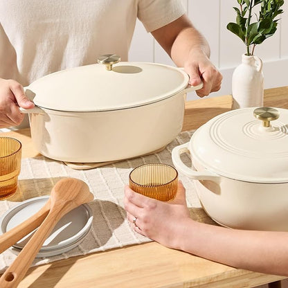 Best Choice Products Oval 7.5 Quart Enamel Cast-Iron Dutch Oven, Heavy-Duty Pre-Seasoned for Baking, Cooking w/Side Handles – Vanilla Buttercream