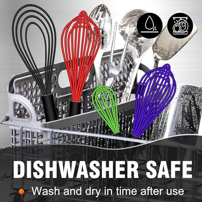 Walfos Whisk,Whisks for Cooking Non Scratch.Silicone Whisk Set of 4 Kitchen Wisk-11in Flat wisk and 7+9+11in Balloon Whisk.Nice for Mixing,Whisking and Stirring.Dishwasher Safe.(4pcs-Colorful)