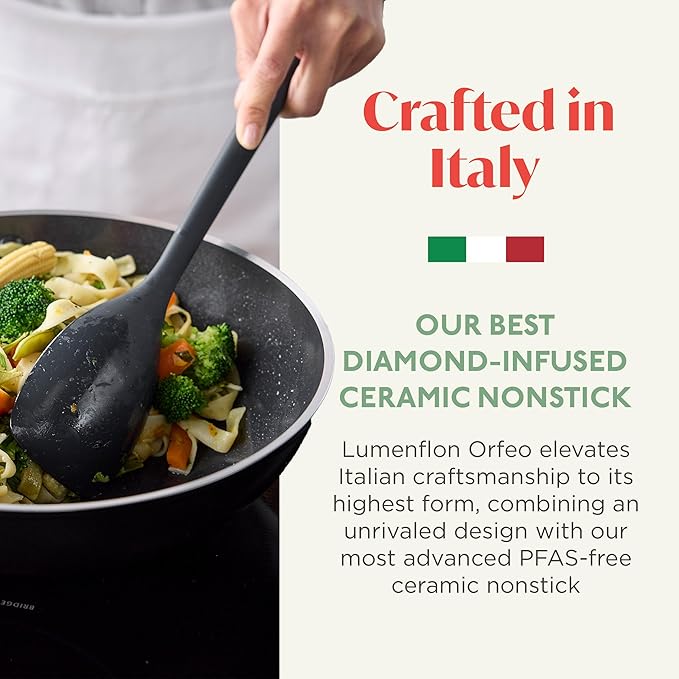 Orfeo 11” Nonstick Wok Pan, Made in Italy, Diamond Ceramic PFAS-Free Cookware, Induction Ready, Scratch Resistant, Laser-Fused Surface for Durability, Dishwasher Safe, Black