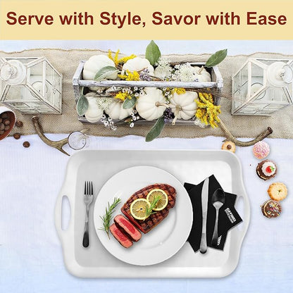 Extra Large 20" x 13" Serving Platters for Turkey, Cookie, Cupcakes, Gift Ready Melamine Serving Tray with Handles for Party Entertaining, Raised Dots & Matt Finish, Set of 2, White