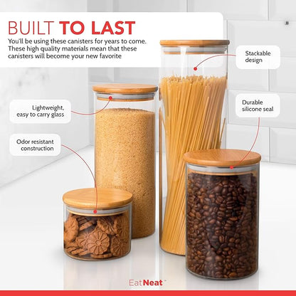 EatNeat 4‑Piece Glass Canister Set with Airtight Bamboo Lids – Giftable Kitchen Storage – Tall Jar Fits Spaghetti – 74/56/36/20 oz for Pantry, Dry Goods, Coffee, Snacks & More