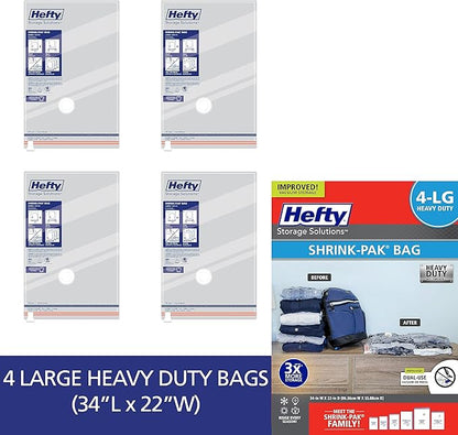 Hefty Vacuum Bags for Clothes 4 Pack, Space Saving Large Vacuum Storage Bags (34 X 22 Inches) Compression Seal for Bedding, Travel Pump Included (4 Large Heavy Duty)
