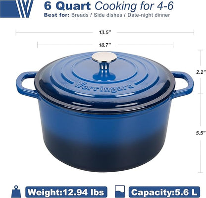 Enameled Cast Iron Dutch Oven Pot with Lid, for Sourdough Bread Baking, Round Dutch Ovens, 6 Quart, Blue