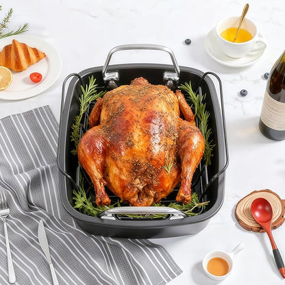 24lb Carbon Steel Nonstick Roasting Pan with Rack - BPA Free, Leak-Proof, 450°F Heat Resistant (17x13x4in) | Oil-Draining, Dishwasher Safe for Thanksgiving Christmas Turkey