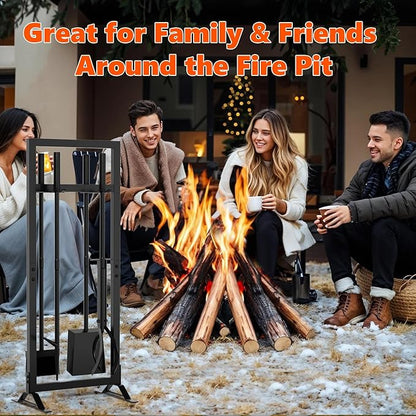 6 Pcs Fireplace Tools Set with Log Carrier, HXJLJY 34" Fireplace Accessories Sturdy Fire Tool Set Holder with Fire Poker Brush Shovel Tong Stand for Indoor Fireplace Outdoor Fire Pit Wood Stove,Square