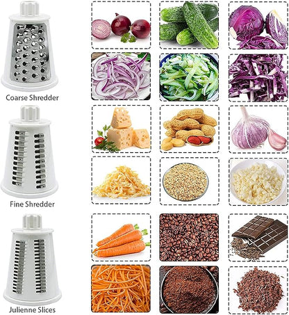 Rotary Cheese Grater Chopper Vegetable Cutter Slicer with Stainless Steel Drum Blades for kitchen, 5 in 1 Manual Round Mandoline Julienne Shredder Potato Grinder for Fruit, Nuts,Onion Green