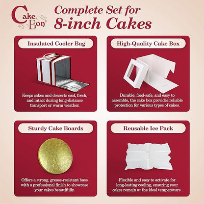 Cakebon Cake Box and Boards, 8-Inch Round Gold Smooth Edges 1/2- Inch Thick Drums with Insulated Bag and Ice Pack – Cake Transport Set, Cooler for Cake Delivery and Transport (1pc Each, 4pcs Total)