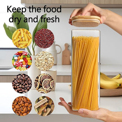 2.2 Qt Square Glass Storage Containers with Lids, Clear Food Storage Container Jar with Sealing Bamboo Lid Storage Containers for Pasta, Oats, Coffee, Flour, Sugar, Square Set-3Pack