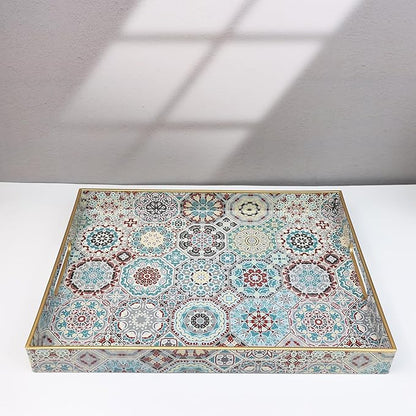 Spsyrine Decorative Serving Tray with Handles, Lacquered Coffee Table Tray for Ottoman, Rectangular Waterproof Platters for Centerpieces, Parties, Living Room, Kitchen Counter Organization SP3040RE2