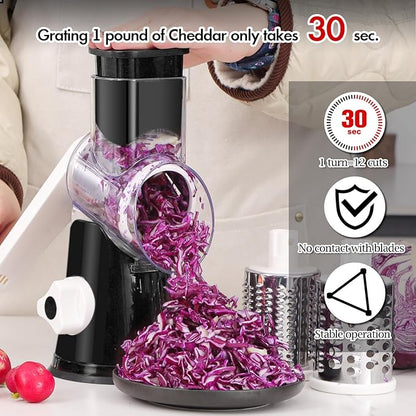 Ourokhome Rotary Cheese Grater Hand Crank, Kitchen Shredder Speed Mandolin Slicer Ice Shaver with Handle and Drum Blades for Cheese, Vegetable, Nuts, Chocolate, Potato, Carrot, 5 Blades, Black