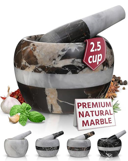 Gusto Nostro Natural Marble Mortar and Pestle Set | 5 Inch - 2.5 Cup Large Mortar Pestle Set for Grinding Herbs, Nuts, Grains | Pesto Grinding and Guacamole Stone Bowl | Marble Spice Crusher