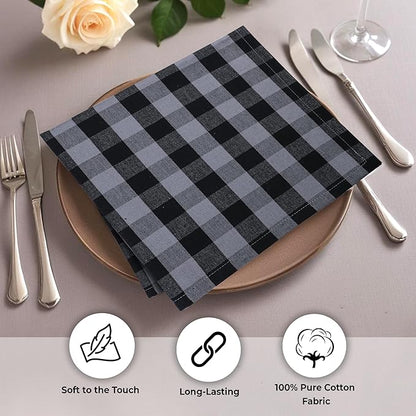 Urban Villa Cotton Dinner Napkins Set of 12, Highly Absorbent Soft Premium Cloth Napkins 20x20 Inches, Hotel Quality Reusable & Washable Table Dinner Napkins for Home - (Grey/Black, Buffalo Checkerd)