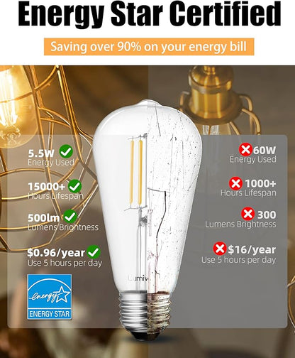 Lumiverse 60 Pack E26 led Bulb 60 watt dimmable Vintage LED Edison Bulbs 5.5W, 60W Equivalent, 2700K Soft White, Antique Style ST19/ST58 LED Light Filament Bulbs, CRI 90+, E26 Base