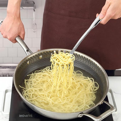 Pleafind Spaghetti Spoon and Spaghetti Tong 2-Piece Set, 13-Inch Non-Stick Spaghetti Fork and 11.4-Inch Kitchen Tong, Easy Storage and Cleanup, Ergonomic Design, stainless steel