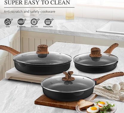 Vinchef 12.5" Non Stick Frying Pans, Skillet with Lid Used for All Stoves, Induction Non Toxic Cookware, Cooking Pans Nonstick Capable of Kitchen