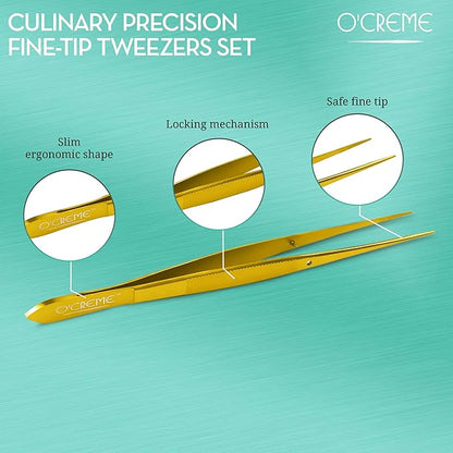 O'Creme Stainless Steel Precision Kitchen Tweezer Tongs 6.25" with Fine Tip (Gold)