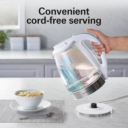 Hamilton Beach 1.7L Electric Tea Kettle, Water Boiler & Heater, LED Indicator, Built-In Mesh Filter, Auto-Shutoff & Boil-Dry Protection, Cordless Serving, Iridescent Clear Glass (41055)