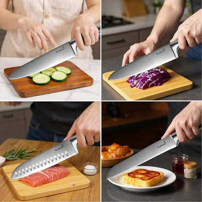 Kuisine Sharp Chef Knife Set with block, One piece Molding High Carbon Stainless Steel Forged,Ergonomic Non-slip Handle Knife Block Set with built-in Sharpener Upgraded (Silver Nature,15PCS)
